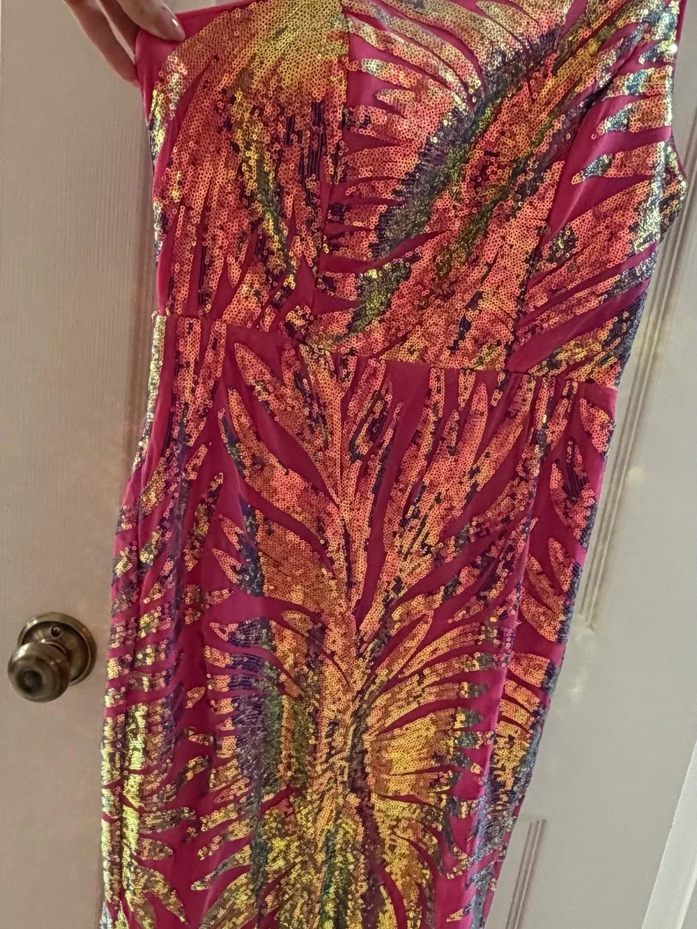 One-Shoulder Pink Sequin Evening Gown